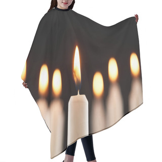 Personality  Selective Focus Of Burning White Candle Glowing Isolated On Black Hair Cutting Cape
