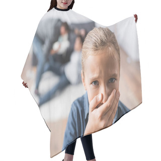 Personality  Offended Child Covering Mouth With Hand While Parents Fighting On Blurred Background In Living Room  Hair Cutting Cape