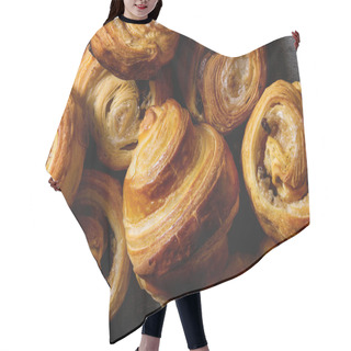Personality  Variety Of Homemade Puff Pastry Buns Cinnamon Rolls And Croissant Over Grey Cloth. Flat Lay, Cloth Up Hair Cutting Cape