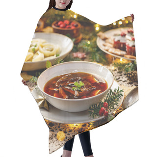Personality  Christmas Mushroom Soup, A Traditional Vegetarian  Mushroom Soup Made With Dried Forest Mushrooms In A Ceramik Plate On A Festive Table. Polish Christmas Dinner Hair Cutting Cape