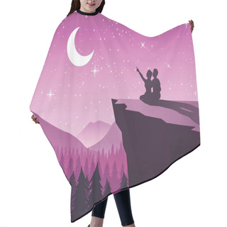 Personality  Couple Pointing To The Moon In A Night With Stars Sitting On Cliff And Close To A Pine Forest,silhouette Style Hair Cutting Cape