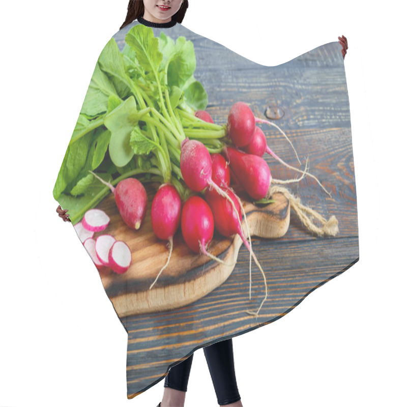 Personality  Summer Harvested Red Radish. Growing Organic Vegetables. Large Bunch Of Raw Fresh Juicy Garden Radish On Dark Boards Ready To Eat. Hair Cutting Cape