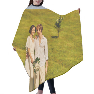 Personality  Cheerful Redhead Man Embracing Asian Woman With Wedding Bouquet On Green Meadow In Countryside Hair Cutting Cape