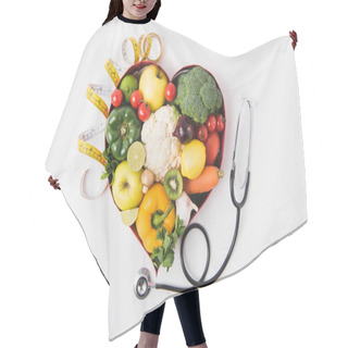 Personality  Vegetables And Fruits Laying In Heart Shaped Dish Near Stethoscope And Measuring Tape Isolated On White Background    Hair Cutting Cape