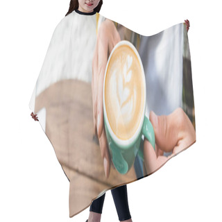 Personality  Cropped View Of Man Holding Cup Of Coffee With Latte Art, Banner Hair Cutting Cape