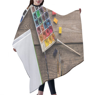 Personality  Top View Of Colorful Paint Palettes, Paintbrushes And Blank Sketch Pad On Wooden Surface Hair Cutting Cape
