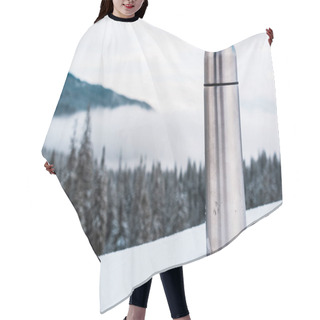Personality  Metallic Vacuum Flask In Snowy Mountains With Pine Trees And White Fluffy Clouds Hair Cutting Cape