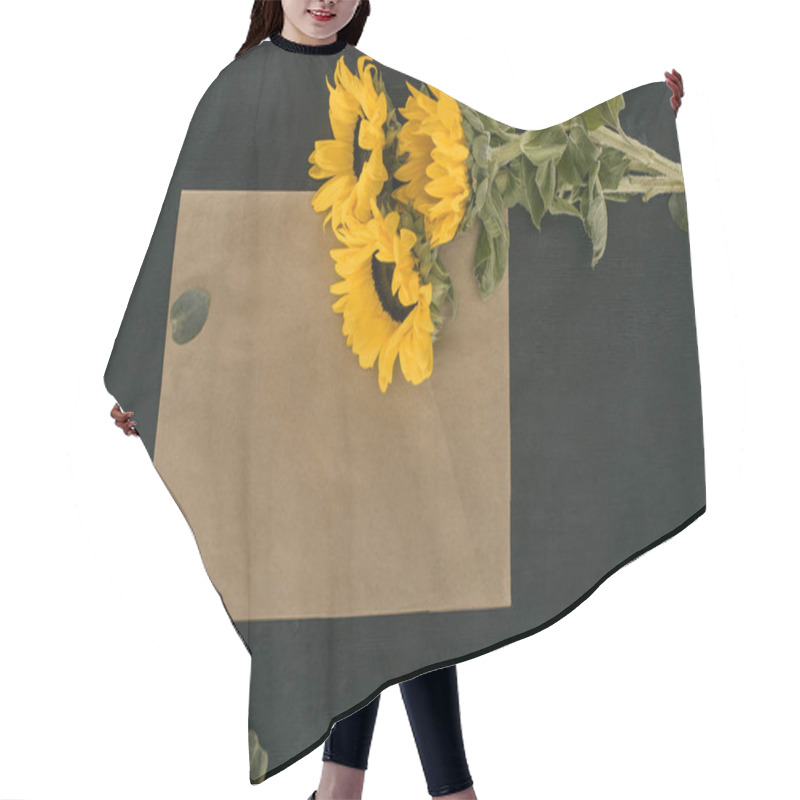 Personality  Top View Of Blank Paper Envelope With Sunflowers Over Black Background Hair Cutting Cape