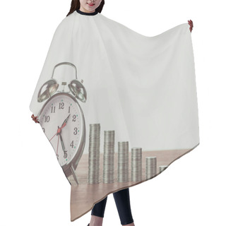 Personality  Alarm Clock And Stacks Of Coins On Wooden Table, Saving Concept Hair Cutting Cape