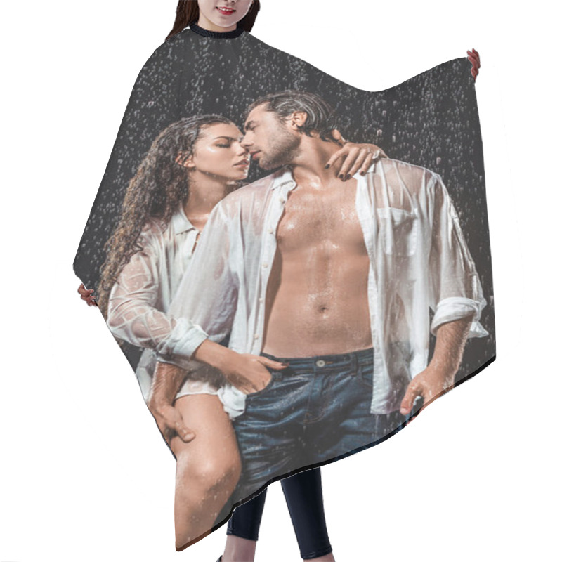 Personality  Sexy Couple In White Shirts Standing Under Rain Isolated On Black Hair Cutting Cape