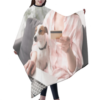 Personality  Cropped View Of Young Woman Holding Credit Card Near Jack Russell Terrier And Laptop While Online Shopping At Home Hair Cutting Cape