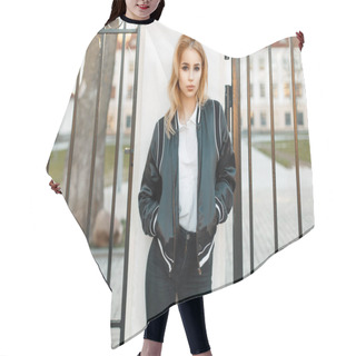 Personality  Young Girl Student In Black Jacket In College Near A Fence Hair Cutting Cape