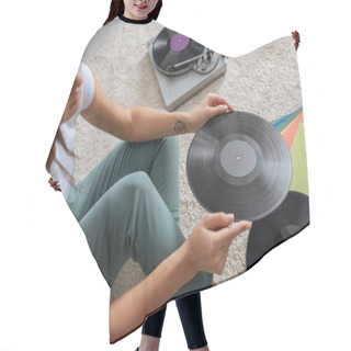 Personality  Selective Focus Of Tattooed Girl Holding Vinyl Record At Home  Hair Cutting Cape
