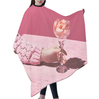Personality  Cropped View Of Woman With Petals In Glass On Velour Cloth Isolated On Pink, Girlish Concept  Hair Cutting Cape