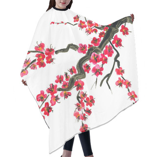 Personality  A Branch Of A Blossoming Tree. Pink Flowers Of Sakura . Watercolor Painting. Isolated On White Background. Hair Cutting Cape