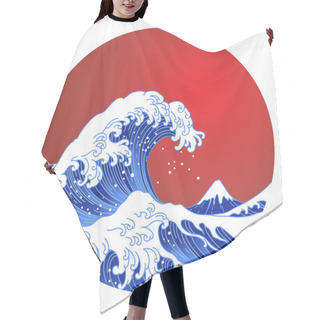 Personality  Japan Oriental Great Wave In Sun Shape Vector.Big Asian Ocean Wave, Red Sun And The Mountain Illustration. Ocean Of Kanagawa.Isolated On Red Sun Background.  Hair Cutting Cape