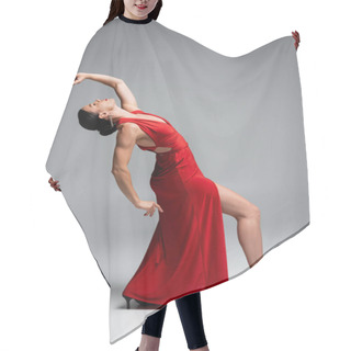 Personality  Side View Of Professional Ballroom Dancer In Red Dress Moving On Grey Background Hair Cutting Cape