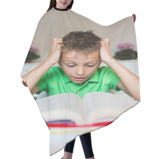 Personality  Frustrated Young Boy With Book Hair Cutting Cape