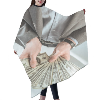 Personality  Close-up View Of Businessman Holding Money In Hands Hair Cutting Cape