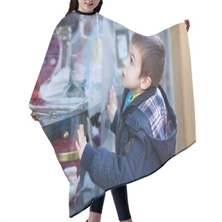 Personality  Sweet Little Boy, Looking Through A Window In Shop, Decorated Fo Hair Cutting Cape