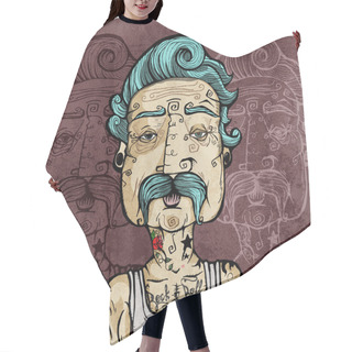 Personality  Portrait Of A Man With Mustache And Tattoos. Vector Illustration. Hair Cutting Cape