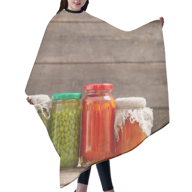 Personality  Jars With Pickled Vegetables On Wooden Background Hair Cutting Cape