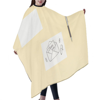 Personality  White Card With Thank You Lettering Sticking Out Of Hand Drawn Envelope And Pen Isolated On Yellow Background Hair Cutting Cape