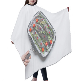 Personality  Cropped Image Woman Holding Tray With Fish With Rosemary, Bay Leaves And Cherry Tomatoes Over White Table Hair Cutting Cape