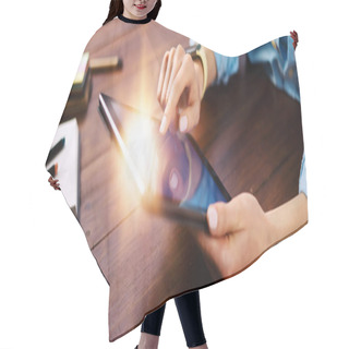 Personality  Woman Pointing On Digital Tablet Screen, Chatting In Social Netw Hair Cutting Cape