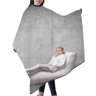 Personality  Pretty Young Woman Sitting On Soft Bean Bag Chair On Grey  Hair Cutting Cape
