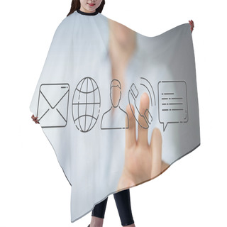 Personality  Businesswoman On Blurred Background Using Thin Line Contact Icon Hair Cutting Cape