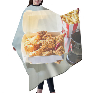 Personality  Deep Fried Chicken, French Fries And Soda In Glass On Glass Table In Sunlight Hair Cutting Cape