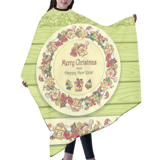 Personality  Circle Frame And Border From Christmas  Elements On Light Green Wood Background Hair Cutting Cape