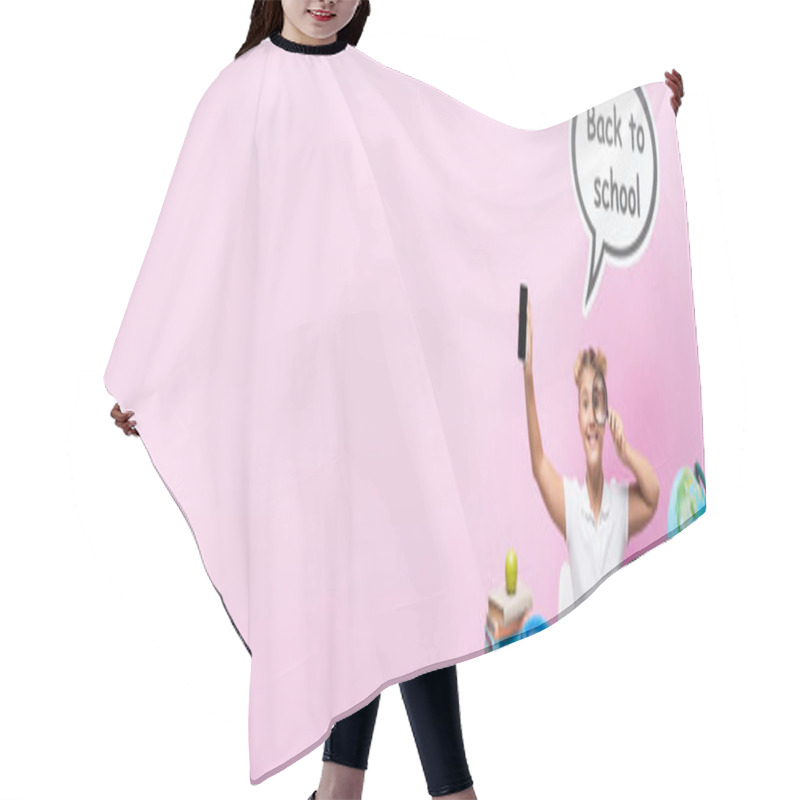 Personality  Panoramic Shot Of Schoolkid Holding Smartphone And Magnifying Glass Near Globe And Speech Bubble With Back To School Lettering On Pink Background Hair Cutting Cape