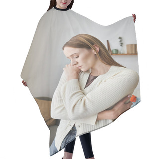 Personality  Heavy-hearted And Withdrawn Young Woman Standing In Nursery Room At Home, Grieving And Frustration Hair Cutting Cape