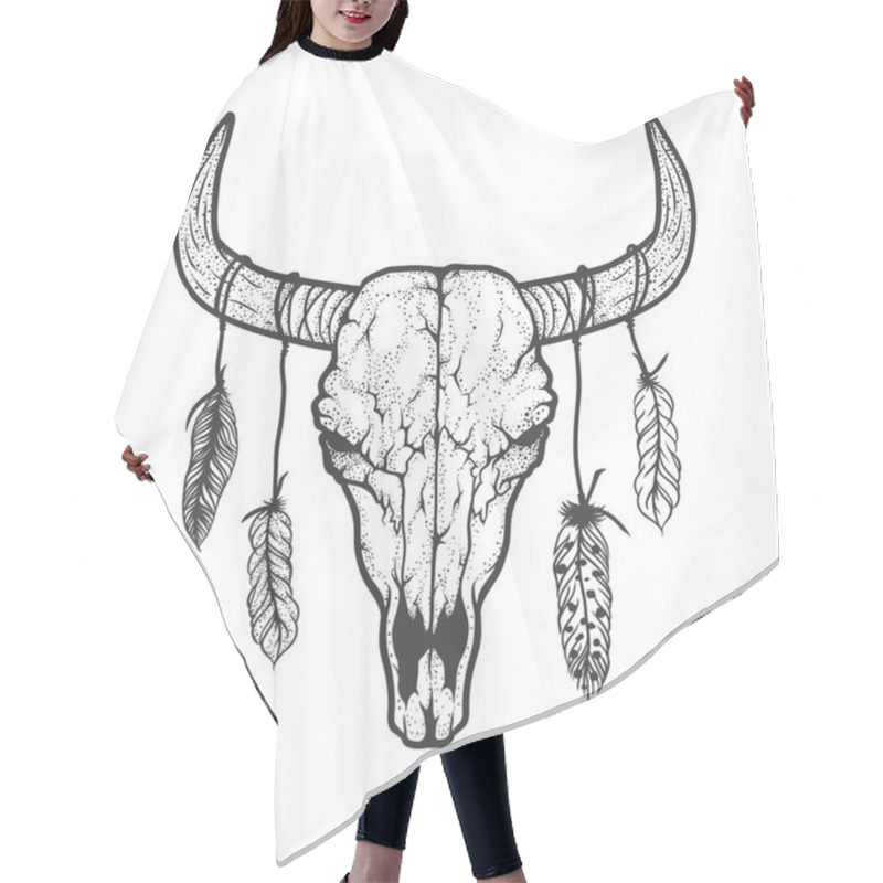 Personality  Bull skull with feathers native Americans tribal style. Tattoo blackwork. Vector hand drawn illustration. Boho design hair cutting cape