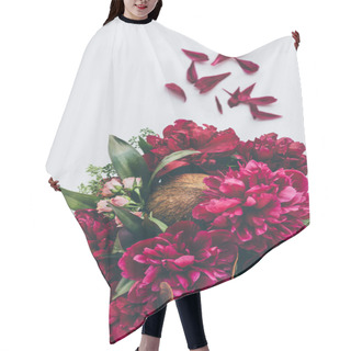 Personality  Top View Of Floristry Bouquet With Peonies, Roses And Coconut On White With Petals Hair Cutting Cape