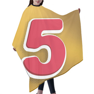 Personality  Number 5 Sign Design Template Element. Vector. Magenta Icon With Darker Shadow, White Sticker And Black Popart Shadow On Golden Background. Hair Cutting Cape