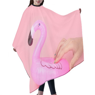 Personality  Mini Pink Flamingo In Woman's Hands Isolated On Pink Background. Summer Beach Composition. Flat Lay, Copy Space. Hair Cutting Cape