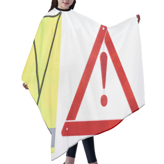 Personality  Top View Of Warning Triangle And Reflective Vest Isolated On White Hair Cutting Cape