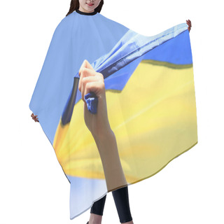 Personality  Women's Hands With The Ukrainian Flag Against The Sky. The Ukrainian Flag Is Fluttering In The Wind. Independence Day Of Ukraine. Yellow-blue Flag Hair Cutting Cape