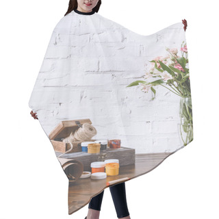 Personality  Bouquet Of Flowers And Poster Paints On Wooden Table Hair Cutting Cape