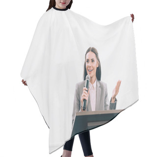 Personality  Attractive Smiling Lecturer Talking Into Microphone And Gesturing At Podium Tribune During Seminar In Conference Hall Hair Cutting Cape
