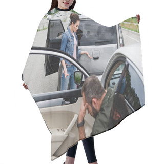Personality  Female Driver Looking At Cars After Car Accident On Road Hair Cutting Cape