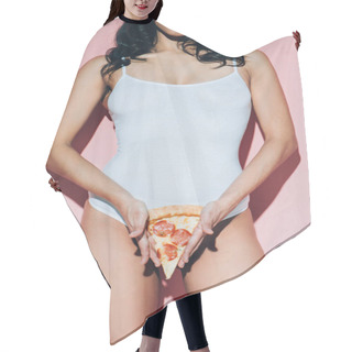 Personality  Partial View Of Woman In White Bodysuit Holding Piece Of Italian Pizza On Pink Background  Hair Cutting Cape