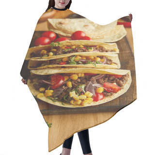 Personality  Fresh Tacos With Organic Ingredients On Wooden Background Hair Cutting Cape
