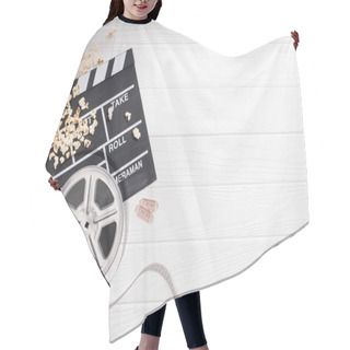 Personality  Flat Lay With Clapper Board, Filmstrips, Popcorn And Retro Cinema Tickets Arranged On White Wooden Tabletop Hair Cutting Cape