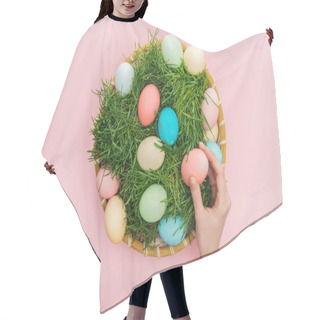 Personality  Cropped View Of Female Hand With Pastel Easter Eggs In Wicker Plate With Grass Isolated On Pink  Hair Cutting Cape