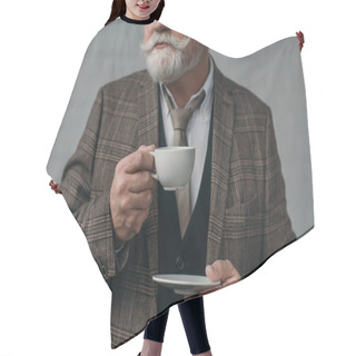 Personality  Cropped Shot Of Senior Man With Cup Of Coffee Hair Cutting Cape