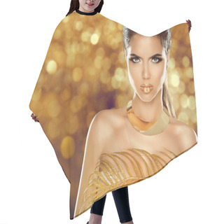Personality  Fashion Beauty Girl Isolated On Golden Bokeh Background. Makeup. Hair Cutting Cape